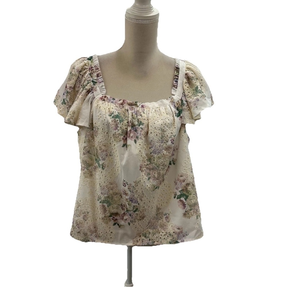 Solitaire Eyelet Floral Lined Blouse Women’s XL Puff Shirt Sleeve Pastel
